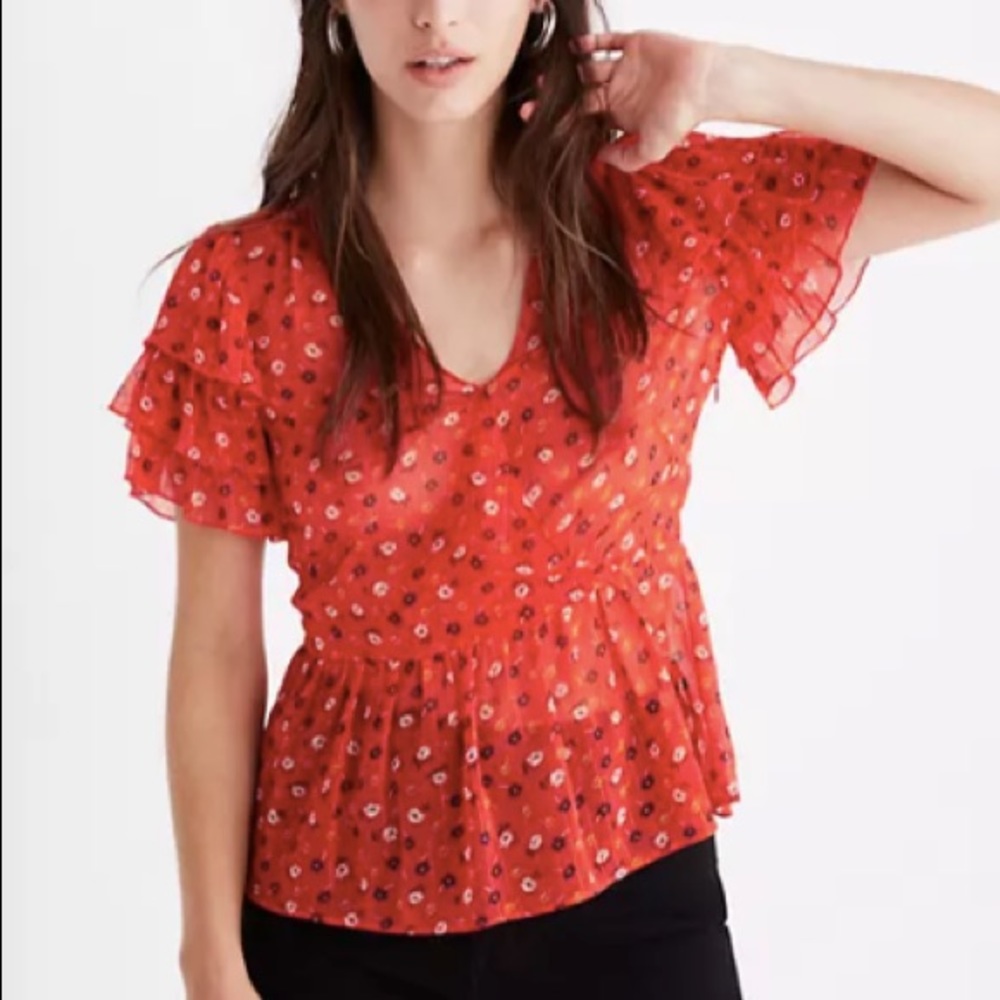 Tiered-Sleeve Peplum Top - Metallic Prairie Posies